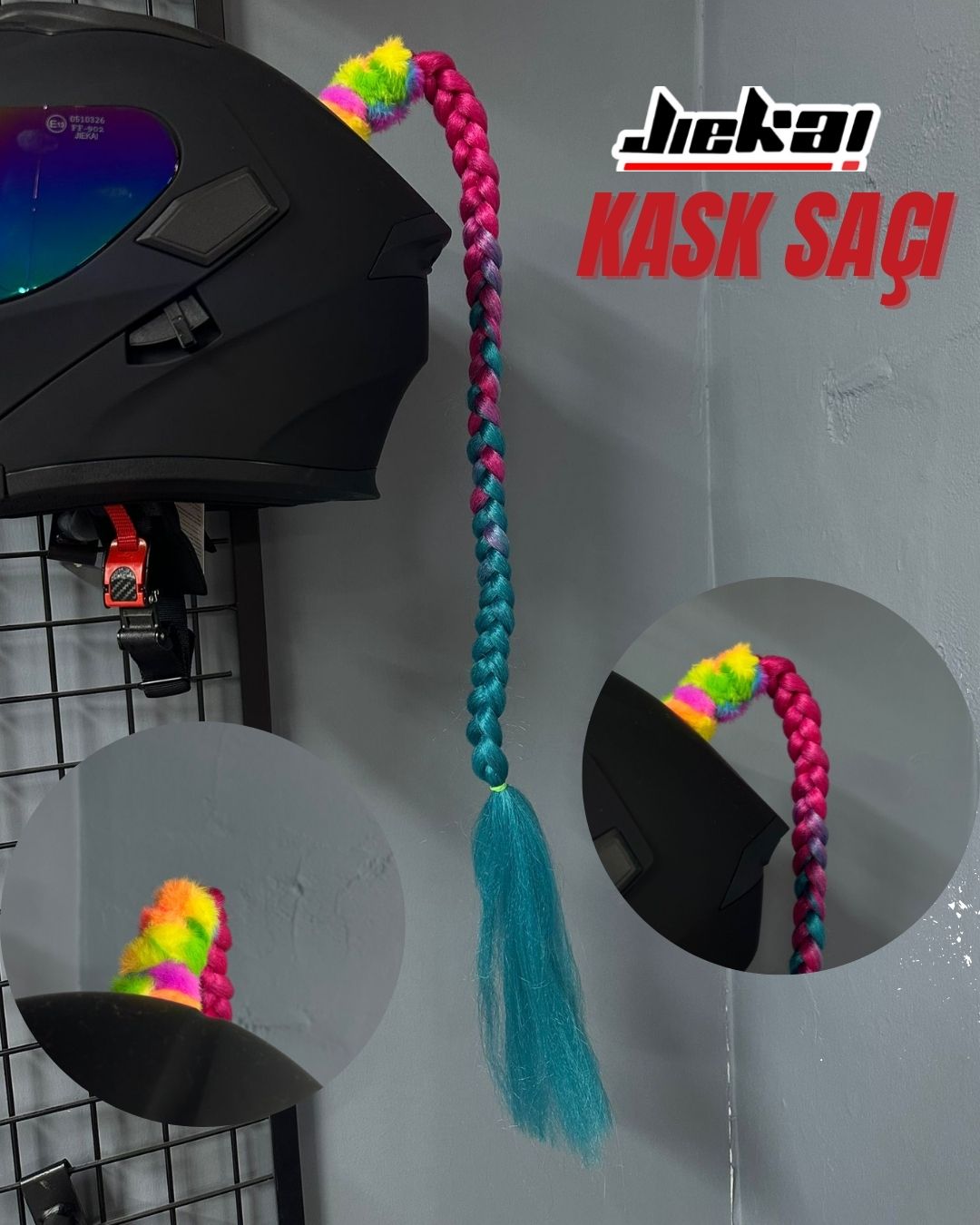 JİEKAİ KASK SAÇI PEMBE-MAVİ GEÇİŞLİ RENK DÜZ ÖRGÜ MODEL-13